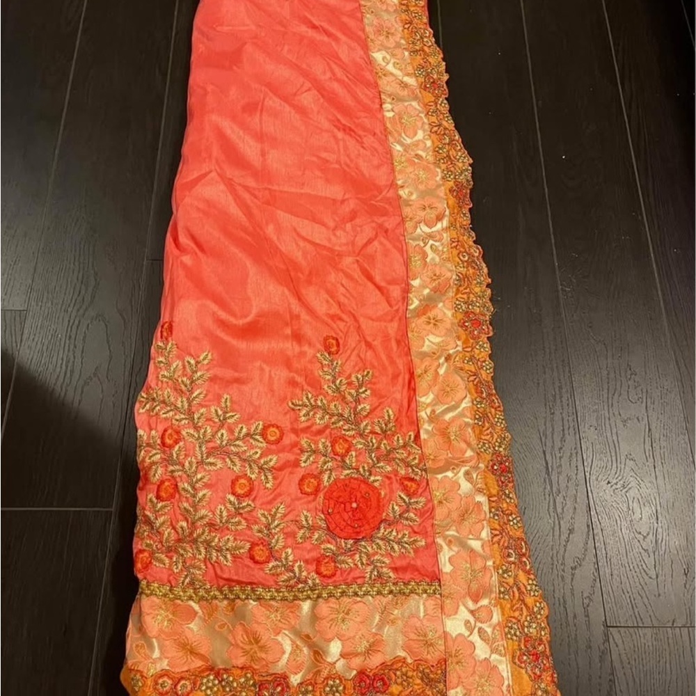 Embroidered Coral and Gold Sari